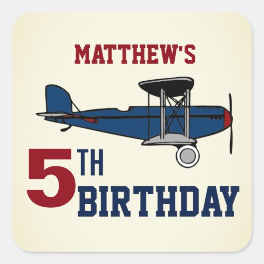 ヴィンテージブルーレトロ機誕生日パーティーのお願い スクエアシール (正面)