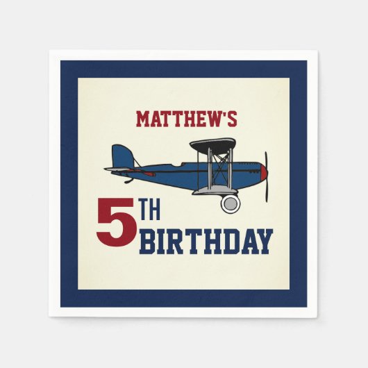 ヴィンテージブルーレトロ飛行機バースデーパーティー紙 スタンダードカクテルナプキン (正面)