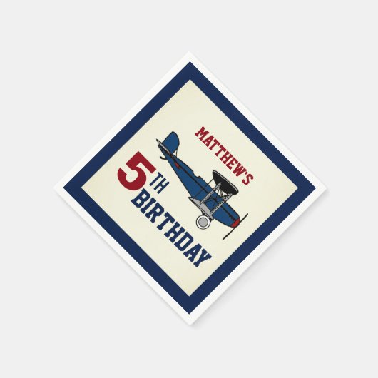 ヴィンテージブルーレトロ飛行機バースデーパーティー紙 スタンダードカクテルナプキン (角)