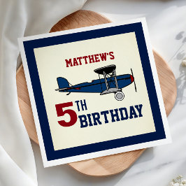 ヴィンテージブルーレトロ飛行機バースデーパーティー紙 スタンダードカクテルナプキン