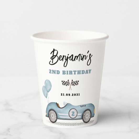 ヴィンテージブルーレースカー2速い男の子バースデーパーティー 紙コップ (裏面)