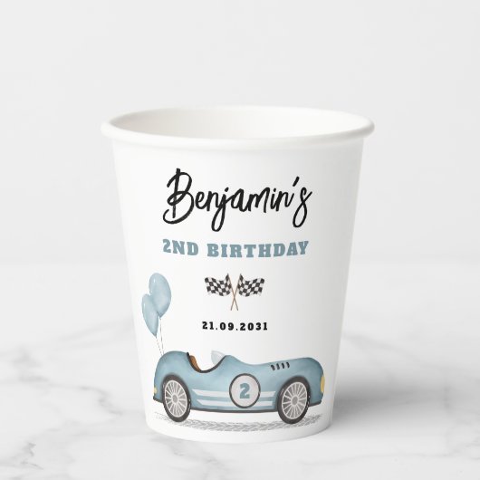 ヴィンテージブルーレースカー2速い男の子バースデーパーティー 紙コップ (正面)
