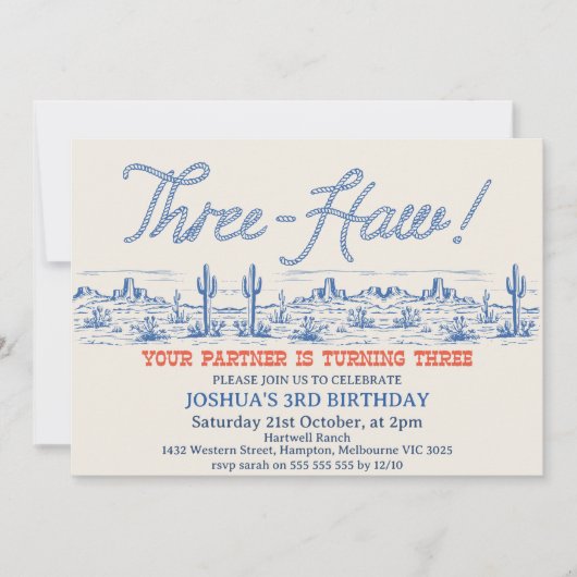 ヴィンテージブルーロデオ3歳の誕生日 招待状 (正面)