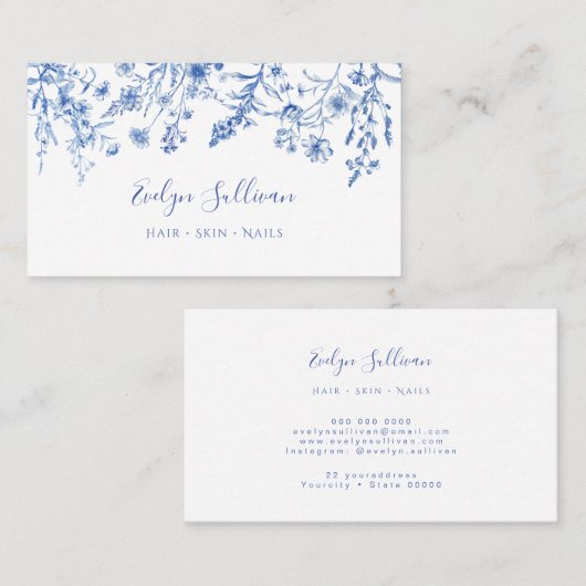 ヴィンテージブルーワイルドフラワーズビジネスカード 名刺 (正面/裏面)