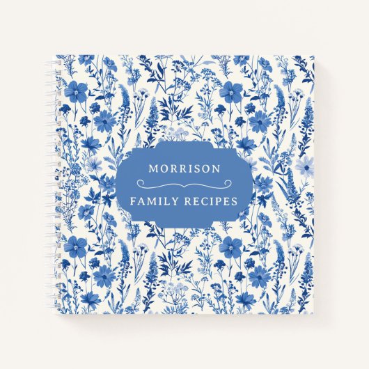 ヴィンテージブルーワイルドフラワーパーソナライズされたレシピ ノートブック (正面)