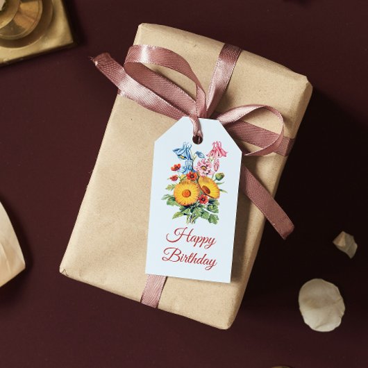 ヴィンテージブルーワイルドフラワーブーケハッピーバースデー ギフトタグ