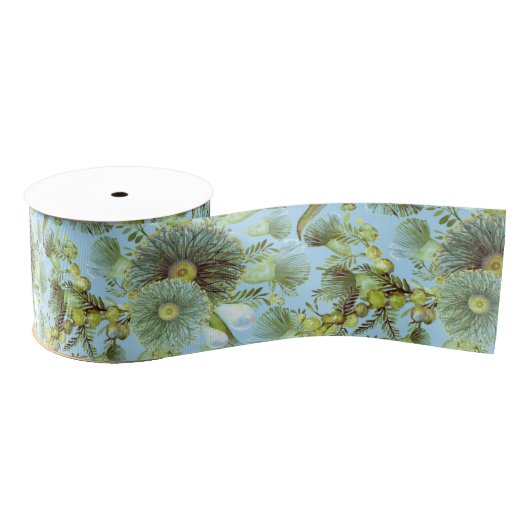 ヴィンテージブルーワトルとユーカリ グログランリボン (リール)