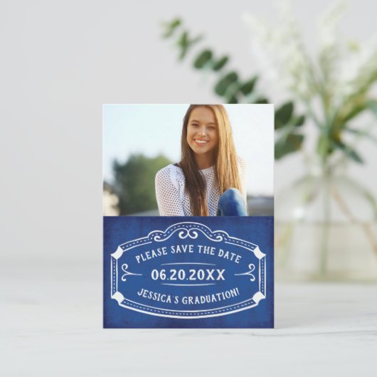 ヴィンテージブルー卒業写真の日付を保存 ポストカード (スタンド正面)