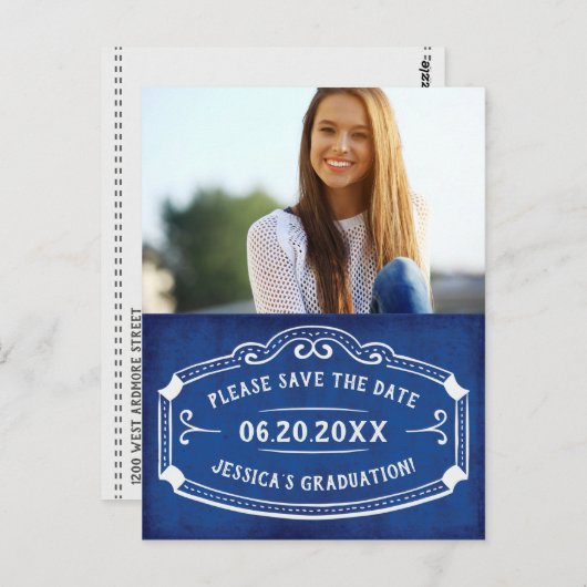 ヴィンテージブルー卒業写真の日付を保存 ポストカード (正面/裏面)