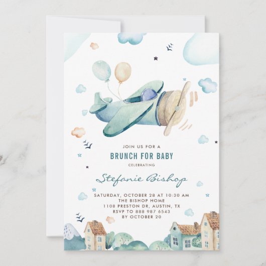 ヴィンテージブルー水彩飛行機ボーイベビーシャワー 招待状 (正面)