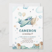 ヴィンテージブルー水彩飛行機子供の誕生日 招待状 (正面)