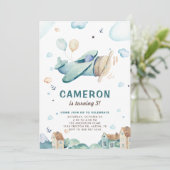 ヴィンテージブルー水彩飛行機子供の誕生日 招待状 (スタンド正面)