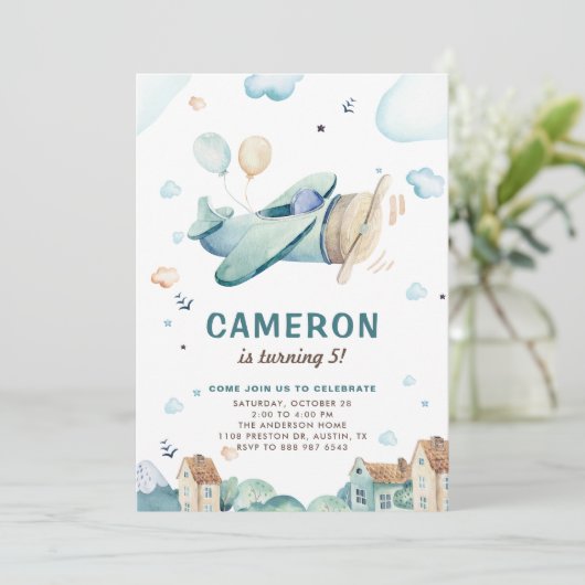 ヴィンテージブルー水彩飛行機子供の誕生日 招待状 (スタンド正面)