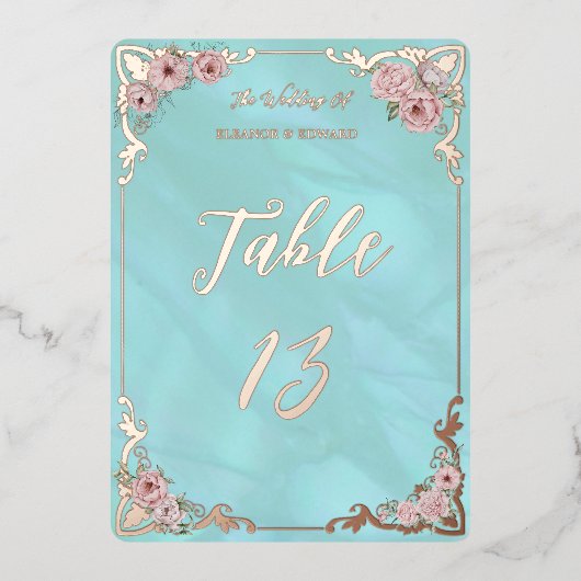 ヴィンテージブルー牡丹フォイルテーブル番号カード 箔招待状 (正面)