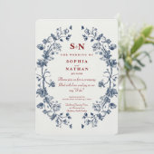 ヴィンテージブルー結婚フローラと素朴チャーム 招待状 (スタンド正面)