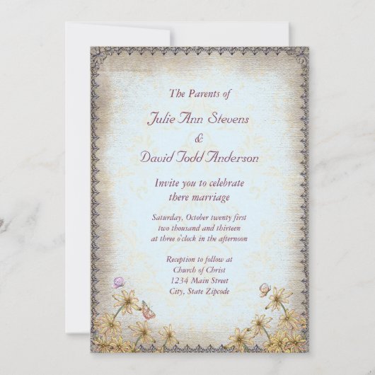 ヴィンテージブルー結婚フローラ 招待状 (正面)