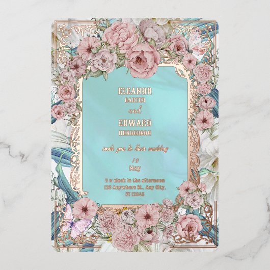 ヴィンテージブルー結婚牡丹フォイル招待状 箔招待状 (正面)