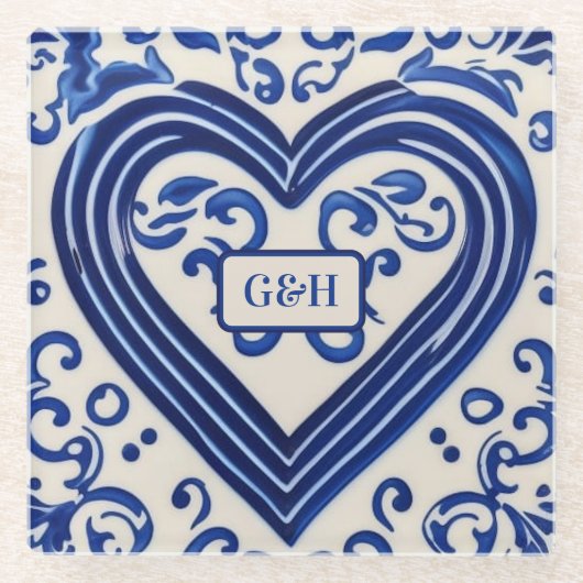 ヴィンテージブルー絵を描セラミックルルックカップル用ハート ガラスコースター (正面)