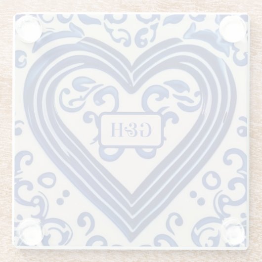 ヴィンテージブルー絵を描セラミックルルックカップル用ハート ガラスコースター (裏面)