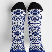 ヴィンテージブルー絵画タイルとカスタムカフ文字 ソックス (上部)
