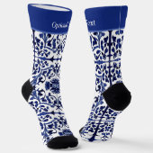 ヴィンテージブルー絵画タイルとカスタムカフ文字 ソックス (傾斜あり)