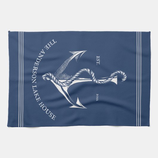 ヴィンテージブルー航海のいかりレイクハウスボート キッチンタオル (横)
