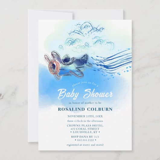 ヴィンテージブルー航空機水彩色男の赤ちゃんシャワー 招待状 (正面)