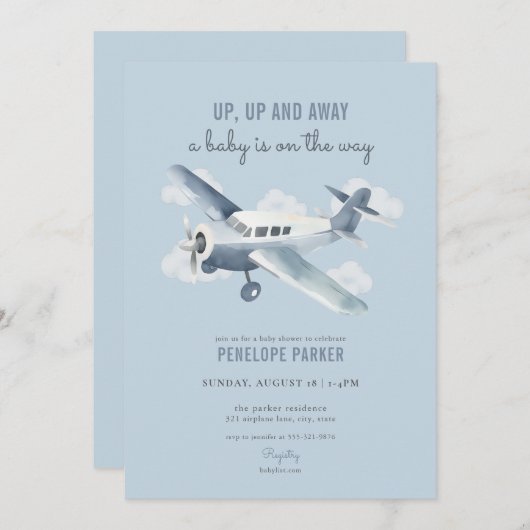 ヴィンテージブルー航空機赤ちゃんシャワー招待状 招待状 (正面/裏面)