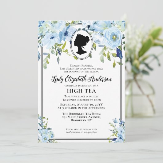 ヴィンテージブルー花模様ハイティーブライダルシャワー 招待状 (スタンド正面)