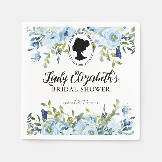 ヴィンテージブルー花模様ブリジガートンブライダルシャワー スタンダードカクテルナプキン (正面)