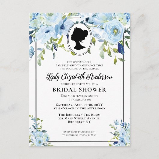 ヴィンテージブルー花模様リージェンシーエラブライダルシャワー ポストカード (正面)