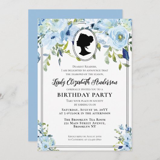 ヴィンテージブルー花模様リージェンシーソサエティ誕生日 招待状 (正面/裏面)