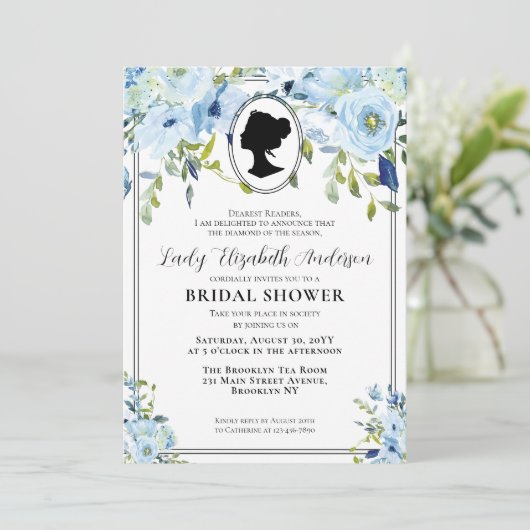 ヴィンテージブルー花模様リージェンシーブライダルシャワー 招待状 (スタンド正面)