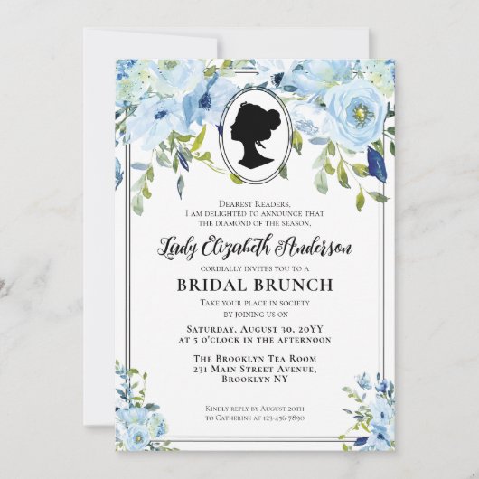ヴィンテージブルー花模様リージェンシーブライダルブランチ 招待状 (正面)