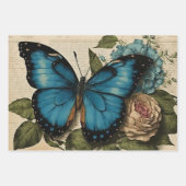 ヴィンテージブルー蝶とバラのデコページ ラッピングペーパーシート (正面3)