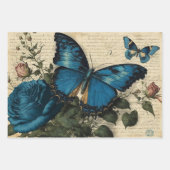 ヴィンテージブルー蝶とバラのデコページ ラッピングペーパーシート (正面2)