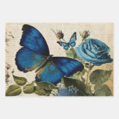 ヴィンテージブルー蝶とバラのデコページ ラッピングペーパーシート (正面)