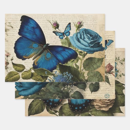 ヴィンテージブルー蝶とバラのデコページ ラッピングペーパーシート (セット)