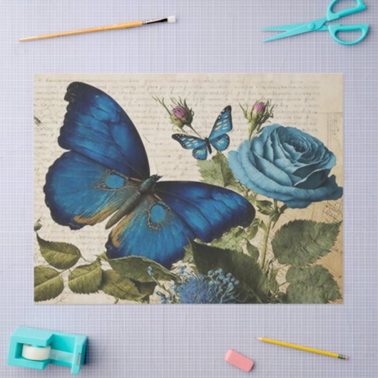 ヴィンテージブルー蝶とバラのデコページ 薄葉紙 (クラフト)
