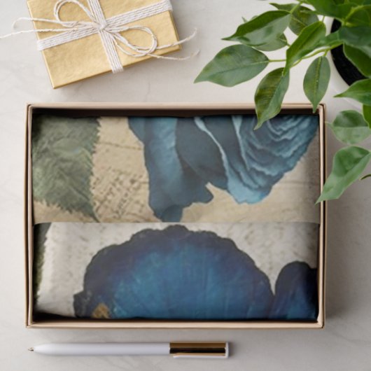 ヴィンテージブルー蝶とバラのデコページ 薄葉紙 (ギフト)