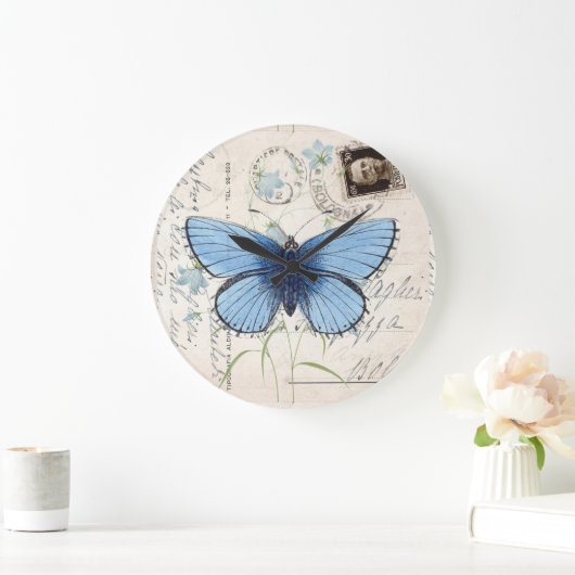 ヴィンテージブルー蝶イタリアン葉書時計 ラージ壁時計 (ホーム)