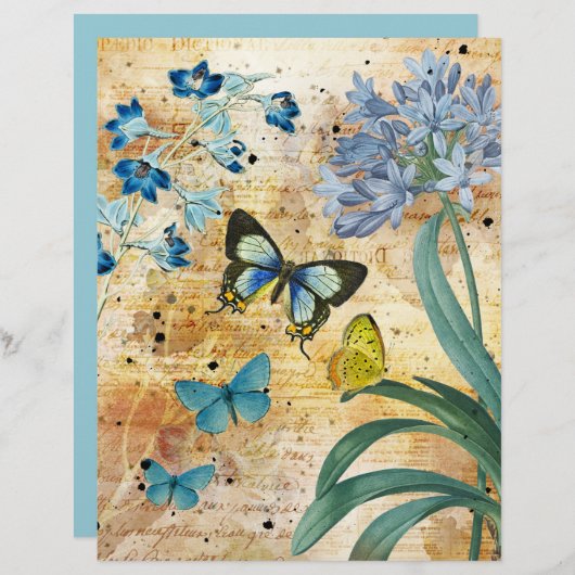 ヴィンテージブルー蝶フローラスクラップブック紙 (正面/裏面)
