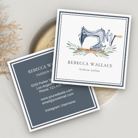 ヴィンテージブルー裁縫マシンファッションスタイリスト スクエア名刺