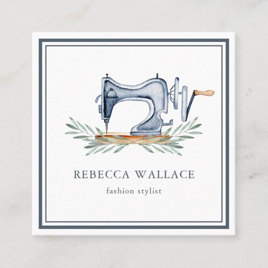 ヴィンテージブルー裁縫マシンファッションスタイリスト スクエア名刺 (正面)