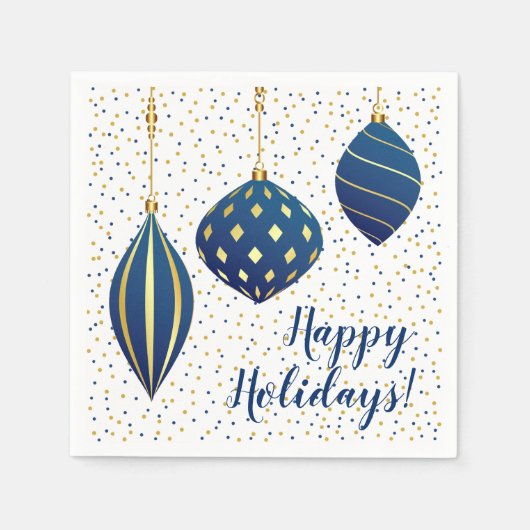 ヴィンテージブルー金ゴールドクリスマスオーナメントホリデイ スタンダードカクテルナプキン (正面)