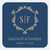 ヴィンテージブルー金ゴールドクレストモノグラム結婚式の引き出物 スクエアシール (正面)