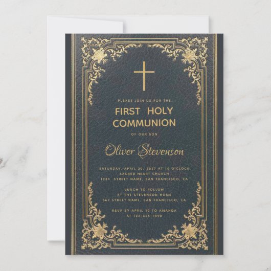 ヴィンテージブルー金ゴールドクロスボーイファースト聖餐式 招待状 (正面)