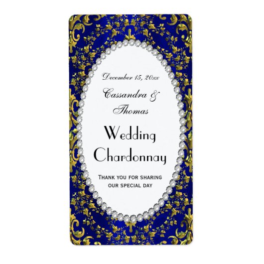 ヴィンテージブルー金ゴールドダマスクパールVワインボトルラベル ラベル (正面)