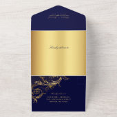 ヴィンテージブルー金ゴールドダマスク結婚書道 オールインワン招待状 (外側)