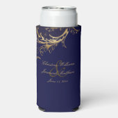 ヴィンテージブルー金ゴールドフローラダマスクスク結婚スクリプト スリム缶クーラー (Seltzer裏面)